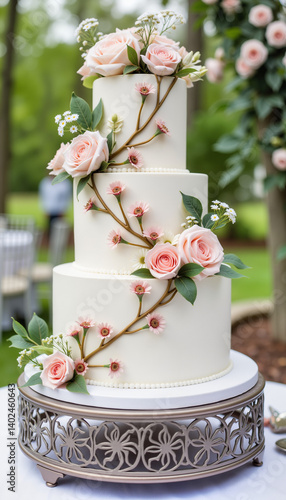 Elegant three-tier wedding cake adorned with roses and greenery  