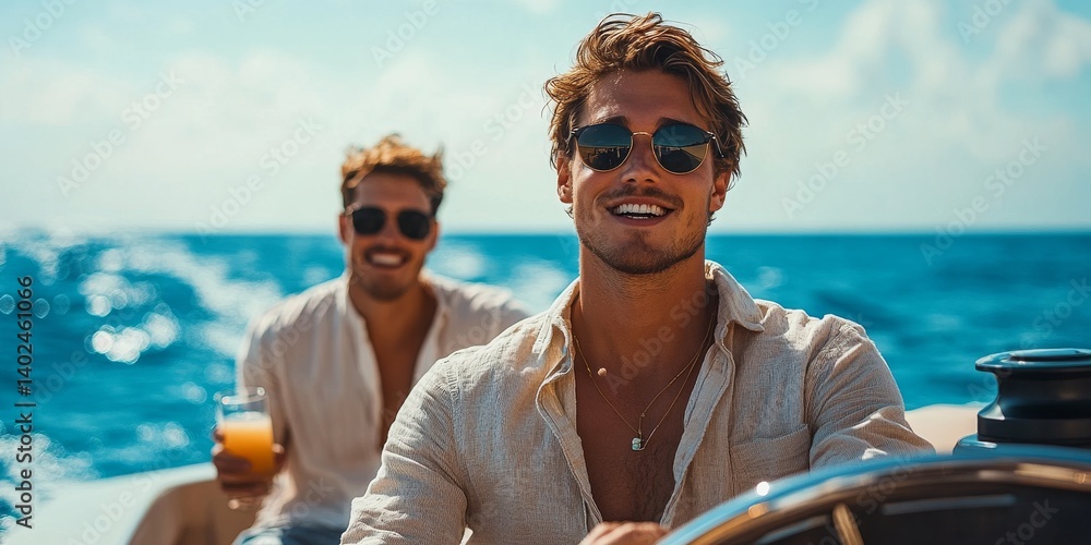 Obraz premium Happy tourists enjoying a sunny vacation on a yacht