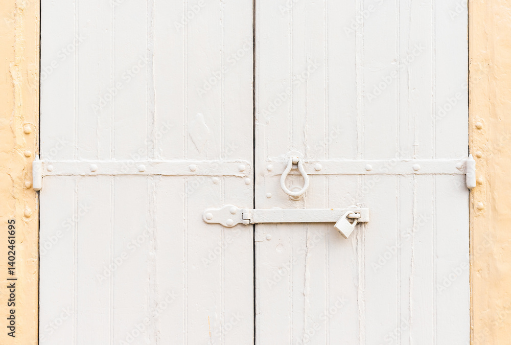Closed vintage garage gates made of wooden palnks and an iron lock on it painted in beige and ochre colors