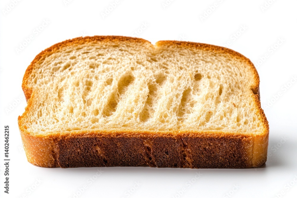 Soft slice of bread rests on a pure white background, highlighting its light texture and appealing golden crust, perfect for culinary use Soft slice of bread rests on a pure white background, highlighting its light texture and appealing golden crust, perfect for culinary use