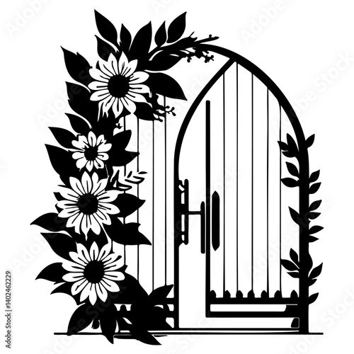 Floral Adorned Gate Silhouette Art Illustration