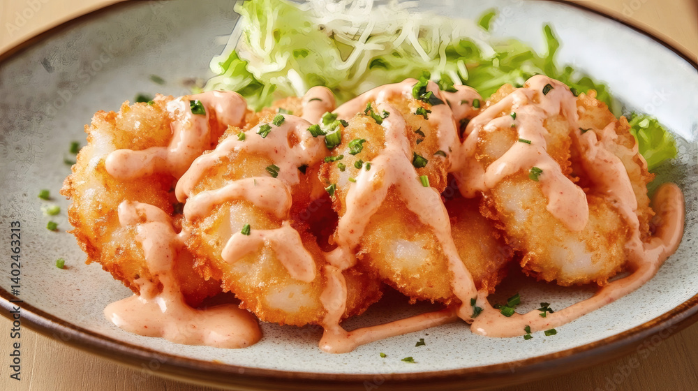 Fried Shrimp with Creamy Sauce: Crispy Seafood Garnished with Herbs and Spicy Dipping Sauce Fried Shrimp with Creamy Sauce: Crispy Seafood Garnished with Herbs and Spicy Dipping Sauce