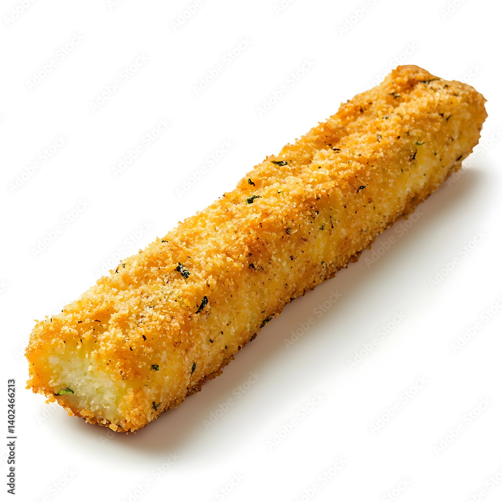 A golden crispy fried zucchini stick with seasoned breading, tender interior, and uniform shape A golden crispy fried zucchini stick with seasoned breading, tender interior, and uniform shape