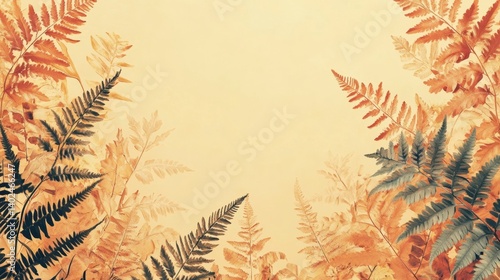 seamless fern leaf and floral minimalist, pastel color orange, red, brown and yellow tone, pattern style
