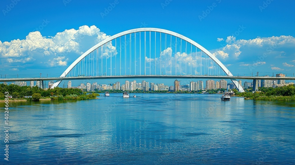 Fototapeta premium Modern Arch Bridge Spanning River, Cityscape Background