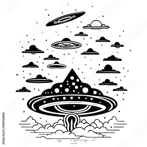 Monochrome Mystical UFO Fleet in Celestial Pattern