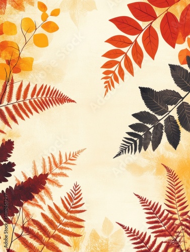 seamless fern leaf and floral minimalist, pastel color orange, red, brown and yellow tone, pattern style