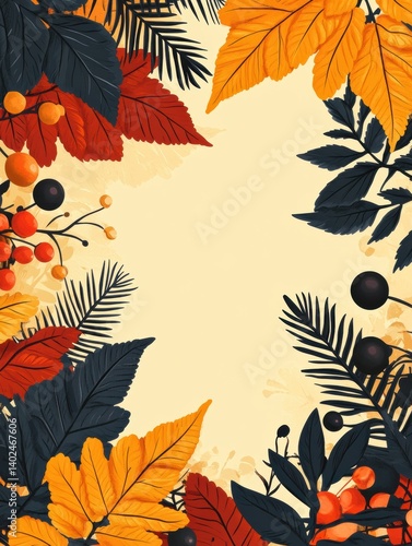 seamless fern leaf and floral minimalist, pastel color orange, red, brown and yellow tone, pattern style