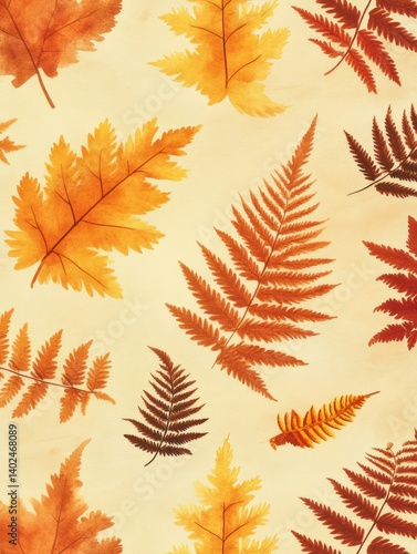 seamless fern leaf and floral minimalist, pastel color orange, red, brown and yellow tone, pattern style