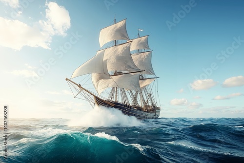 A tall ship sailing in the ocean on a sunny day
