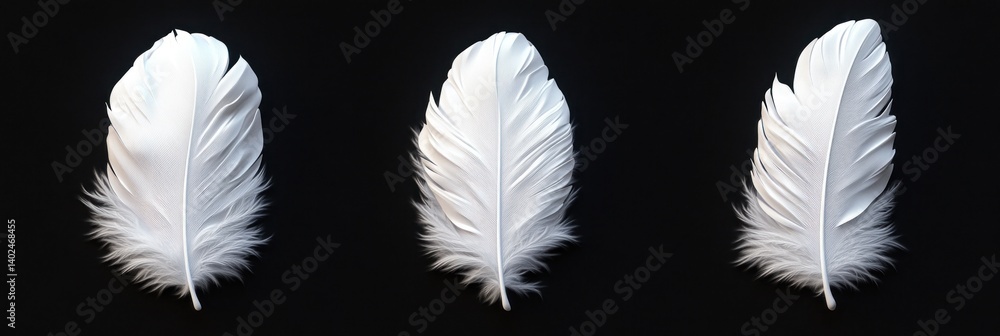 Obraz premium Three white feathers rest on a black background, highlighting their elegant shapes and detailed textures in a striking contrast