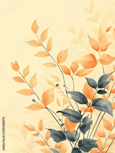 seamless fern leaf and floral minimalist, pastel color orange, red, brown and yellow tone, pattern style