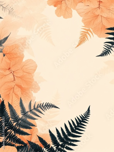 seamless fern leaf and floral minimalist, pastel color orange, red, brown and yellow tone, pattern style