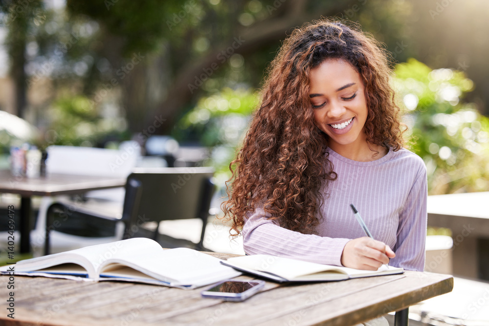 Obraz premium University, books and happy woman in a park for writing, study and homework, research or assignment. Education, learning and gen z girl student with notebook, planning or exam notes at outdoor campus