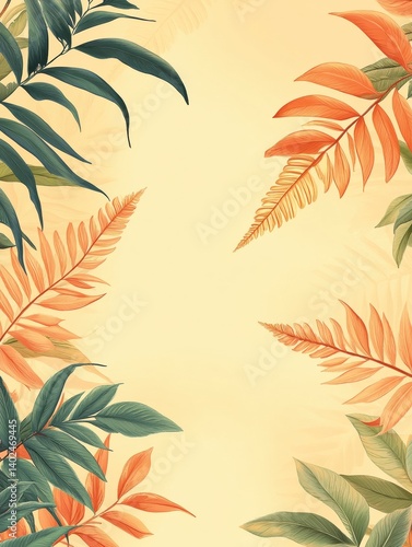 seamless fern leaf and floral minimalist, pastel color orange, red, brown and yellow tone, pattern style