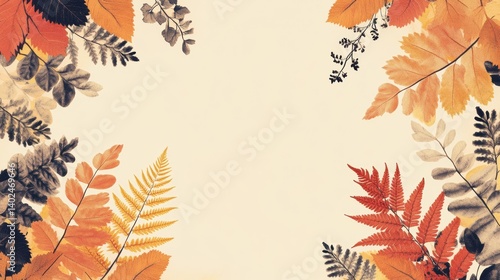 seamless fern leaf and floral minimalist, pastel color orange, red, brown and yellow tone, pattern style