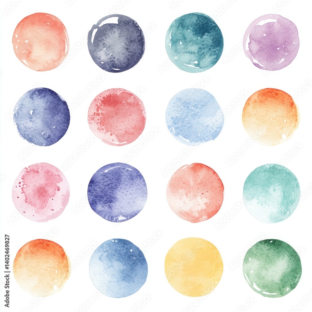A collection of watercolor round shapes showcases a range of pastel colors, perfect for design elements in art, crafts, and digital projects A collection of watercolor round shapes showcases a range of pastel colors, perfect for design elements in art, crafts, and digital projects