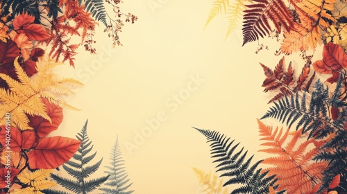 seamless fern leaf and floral minimalist, pastel color orange, red, brown and yellow tone, pattern style