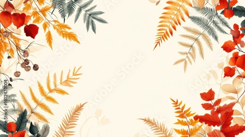 seamless fern leaf and floral minimalist, pastel color orange, red, brown and yellow tone, pattern style