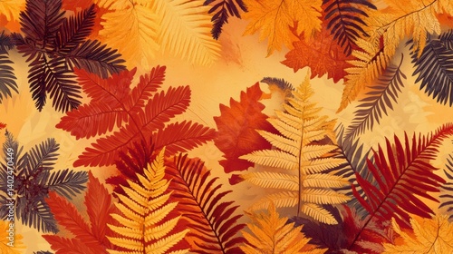 seamless fern leaf and floral minimalist, pastel color orange, red, brown and yellow tone, pattern style