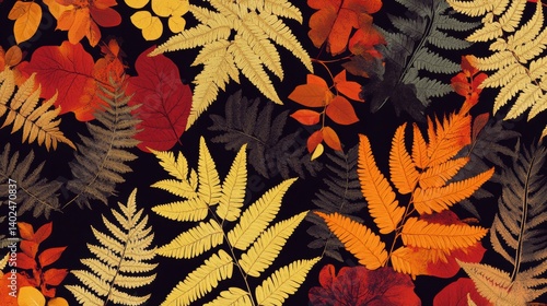 seamless fern leaf and floral minimalist, pastel color orange, red, brown and yellow tone, pattern style