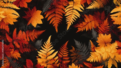 seamless fern leaf and floral minimalist, pastel color orange, red, brown and yellow tone, pattern style