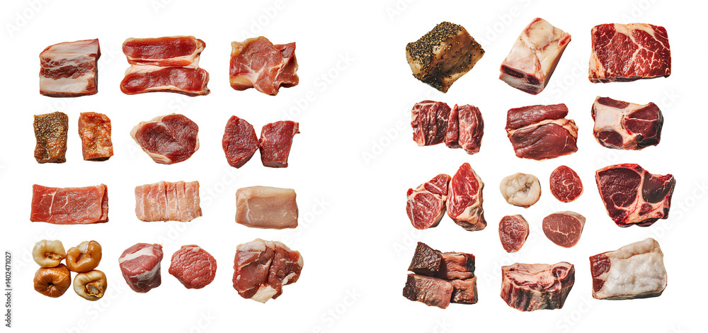 Meat raw and unglazed cut into pieces of various sizes on a transparent background PNG Meat raw and unglazed cut into pieces of various sizes on a transparent background PNG