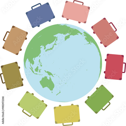 世界を旅するスーツケースと地球 ― 教育・旅行・ビジネスのグローバルイラスト