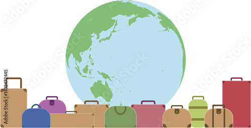 世界を旅するスーツケースと地球 ― 教育・旅行・ビジネスのグローバルイラスト