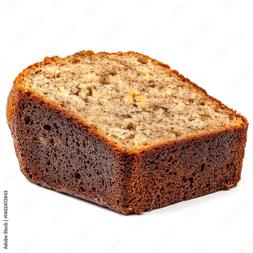 A thick slice of banana bread with soft crumb, golden crust, and visible banana pieces