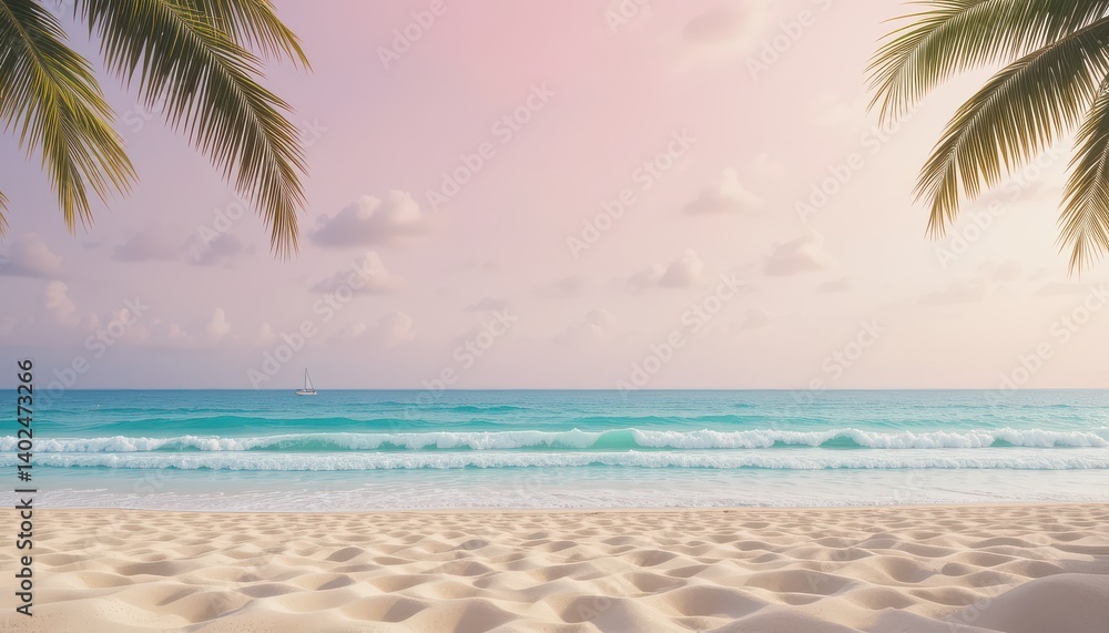 Obraz premium Ocean scene with surf, sand, palms and a sailing vessel.