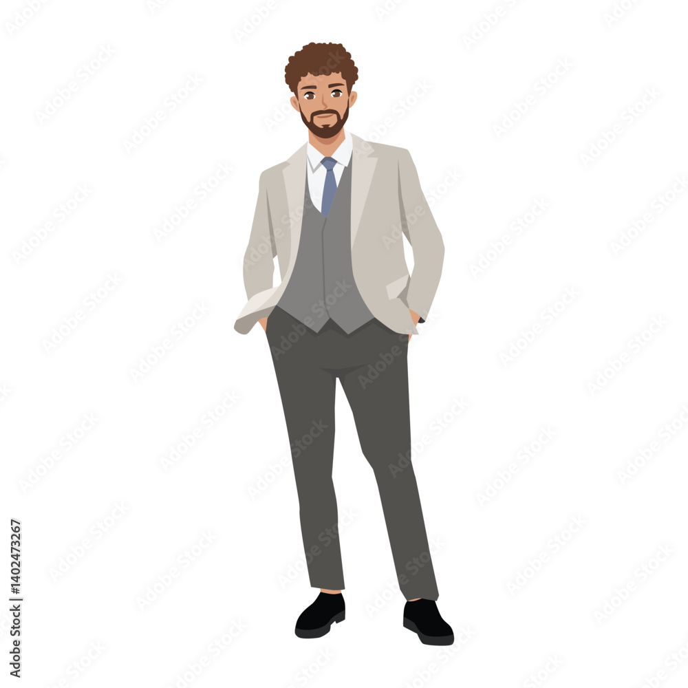 Professional man in a light gray suit and glasses confidently adjusts his cuff while smiling calmly. Flat Vector character illustration Professional man in a light gray suit and glasses confidently adjusts his cuff while smiling calmly. Flat Vector character illustration