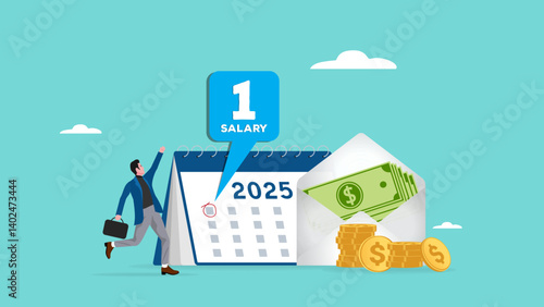 2025 monthly salary illustration, happy employee or workers receive a monthly salary, active income with salary payment concept, Payday loans monthly salary concept vector Illustration with flat style