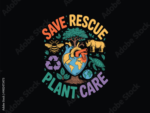 Save Rescue Plant Care Heart Earth T-Shirt Vector
