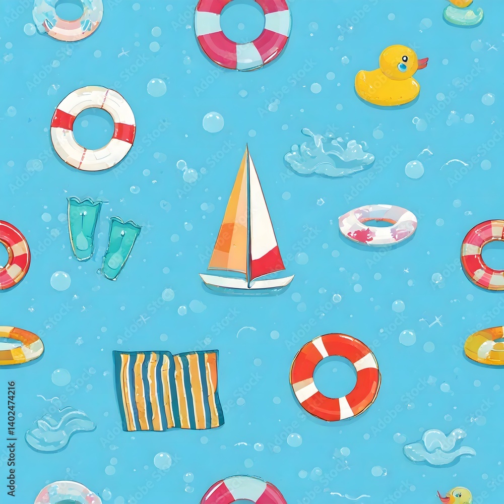 Repeating vector cartoon pattern with floating rings, pool toys, rubber ducks, beach towels, and smiling water splashes, light blue background, summer fun theme
Repeating vector cartoon pattern with floating rings, pool toys, rubber ducks, beach towels, and smiling water splashes, light blue background, summer fun theme