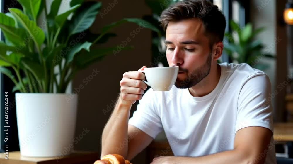 A young man with a beard and short hair is sitting at a table and drinking from a white cup. He's wearing a white T-shirt. There is a croissant on the table in front of him. Large green plants in whit A young man with a beard and short hair is sitting at a table and drinking from a white cup. He's wearing a white T-shirt. There is a croissant on the table in front of him. Large green plants in whit