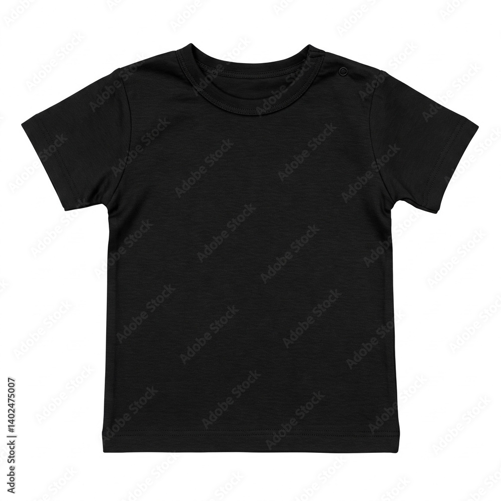 A plain black short-sleeve t-shirt for children, featuring a round neckline and a button detail on one shoulder. Short sleeve tshirt mockup for clothing brand.