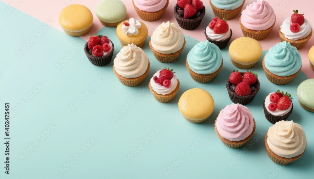 Obraz premium Assorted cupcakes and glazed pastries lie on a split color background. Some have a swirl of frosting. Others are topped with berries.
