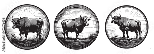 Vintage Style Bull Illustrations in Circular Frames for Design Use, logo design, engraving design, vector illustration