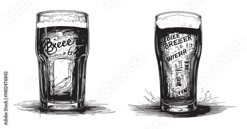 Detailed Illustration of Pint Glasses with Beer in Black and White, logo design, engraving design, vector illustration