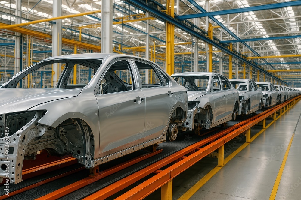 Automobile Production Line Showing Silver Car Bodies Moving Through Modern Automated Assembly Process in a Brightly Lit Factory Automobile Production Line Showing Silver Car Bodies Moving Through Modern Automated Assembly Process in a Brightly Lit Factory