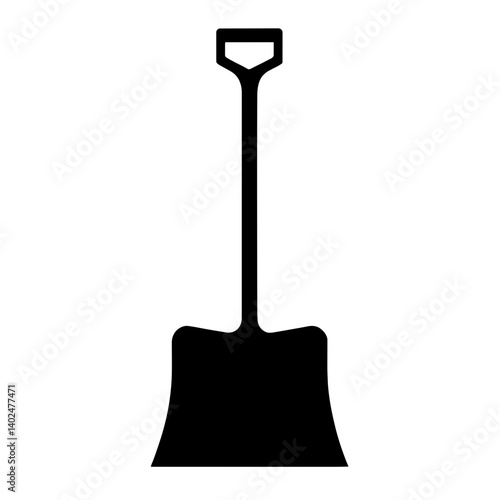 Minimalist black silhouette of a snow shovel with wide blade and long handle