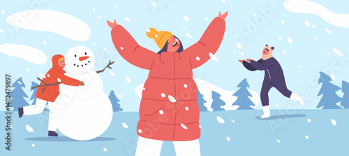 Winter Background with Nature and Snowfall: Winter-themed background featuring bare trees, snow-covered ground, berries, and falling snow. Suitable for seasonal cards and web banners.