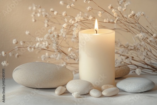 A calming scene with a lit candle, smooth stones, and dried flowers on a beige background, suggesting relaxation.