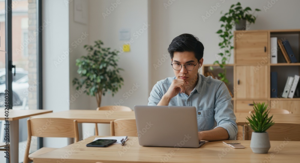 Man working on laptop indoors at a wooden desk in a bright space.