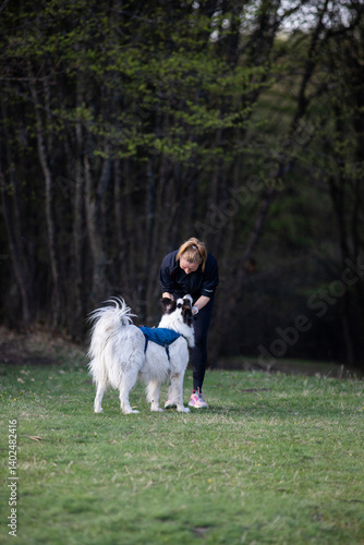 Obraz na płótnie healthy fit woman in her forties running outdoors with her dog w salonie