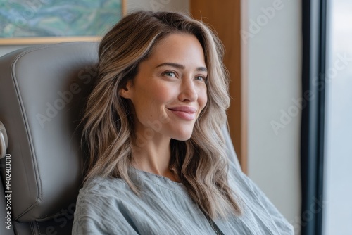 Free Download Serene beauty portrait: A woman with radiant skin and soft waves smiles softly, relaxing in a comfortable chair by the window. - GFXLoad