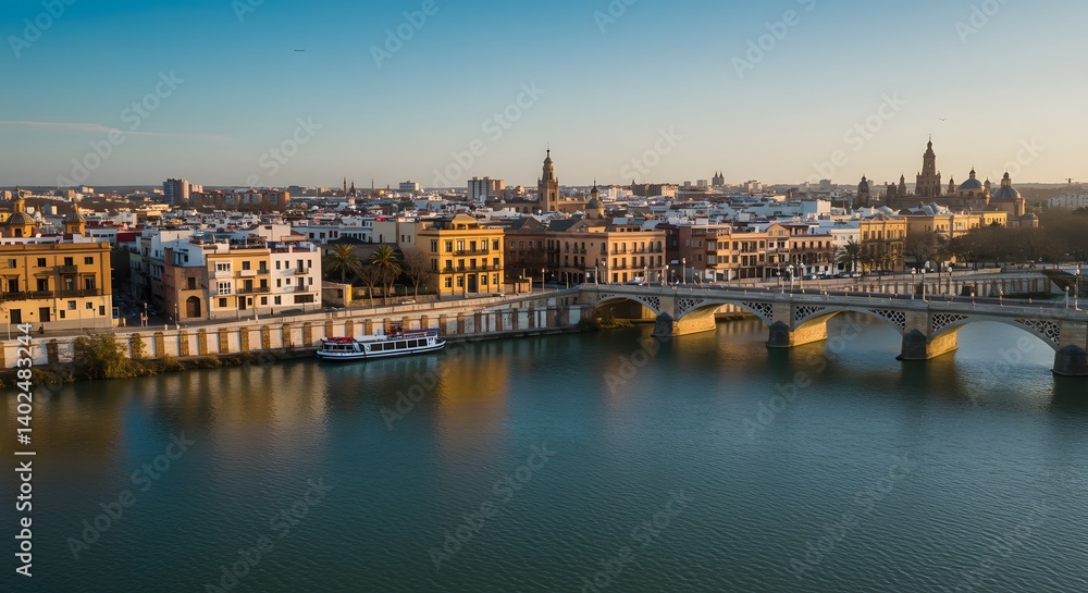 Obraz premium Scenic River Cityscape with Bridge and Boat at Golden Hour