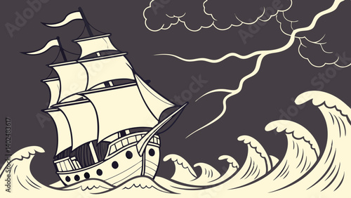 A majestic galleon braves a stormy sea, lightning illuminating the dark sky in this epic ocean voyage artwork.
