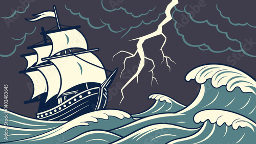 A majestic galleon braves a stormy sea, lightning illuminating the dark sky in this epic ocean voyage artwork.
